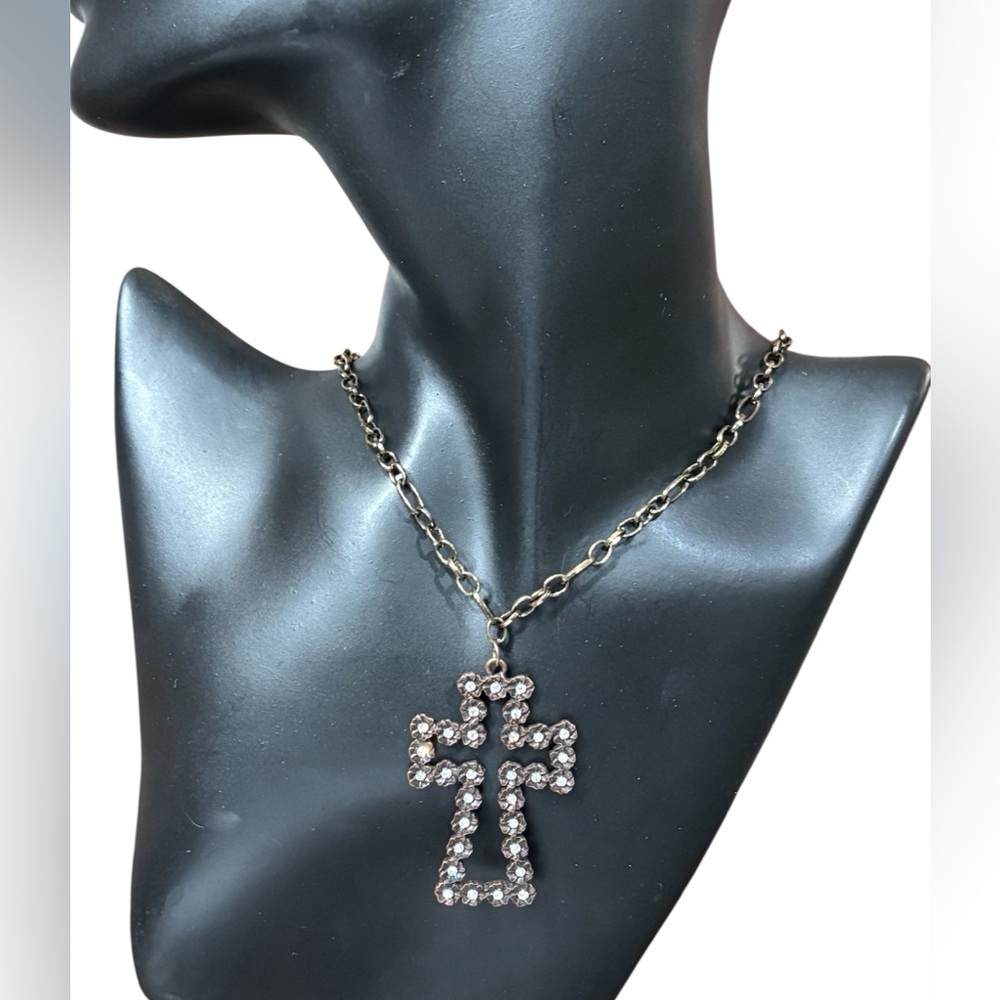 Unique Bronze Cross Pendant Necklace With Silver Crystal Accents. NWT